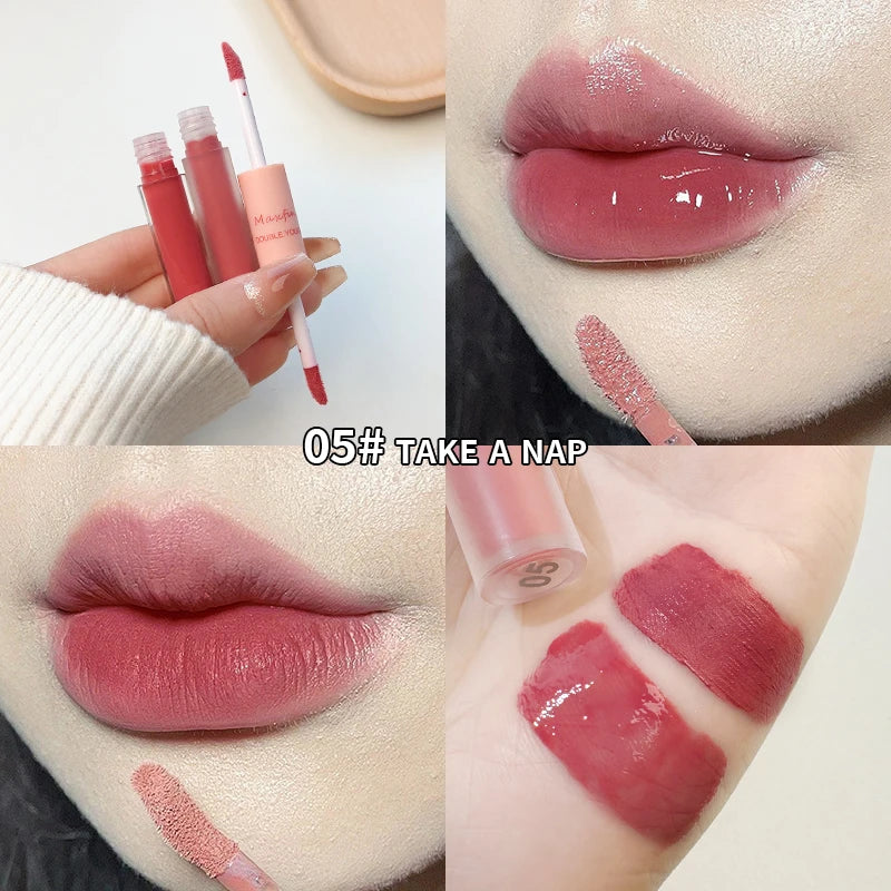 Double End Lip Glaze Full Gloss Mirror And Matte Velvet Long Term Color And Moisture Lip Gloss Anti Stain Cosmetic Lip Glaze