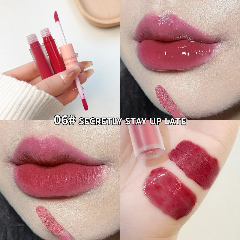 Double End Lip Glaze Full Gloss Mirror And Matte Velvet Long Term Color And Moisture Lip Gloss Anti Stain Cosmetic Lip Glaze